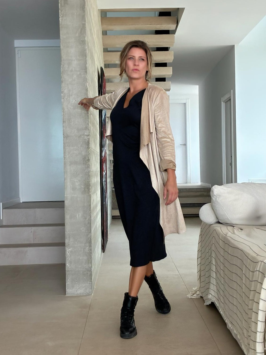 CHAQUETA LARGA ante vegano lisa beige